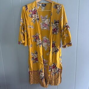 Angie Mustard‎ Floral Kimono Duster Jacket Boho Tie Sleeve Midi Open Front L